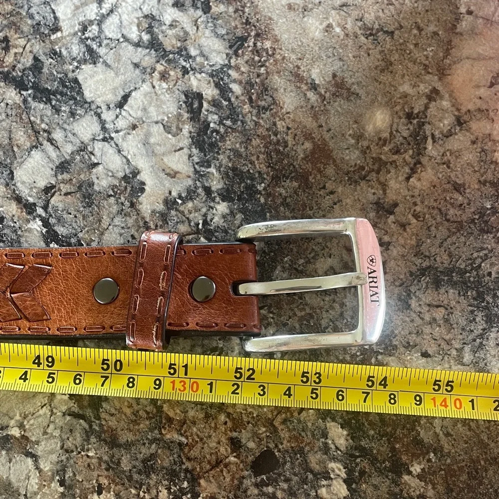 Ariat Western Brown Leather Woven Braided Men’s Belt Silver Tone Buckle Cowboy